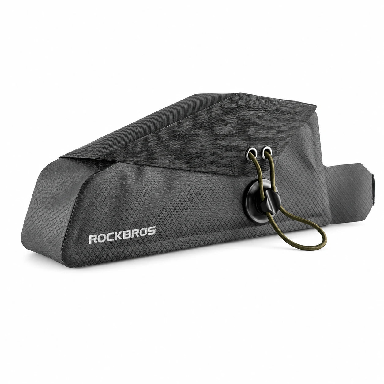 A dark gray Rockbros bag with a textured diamond pattern, featuring a flap closure, a black circular dial, and an olive green strap on a white background.