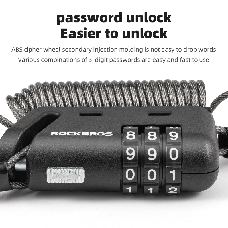 ROCKBROS 1.5M Portable Bicycle Cable Lock - Combination Helmet Lock - ROCKBROSUSA