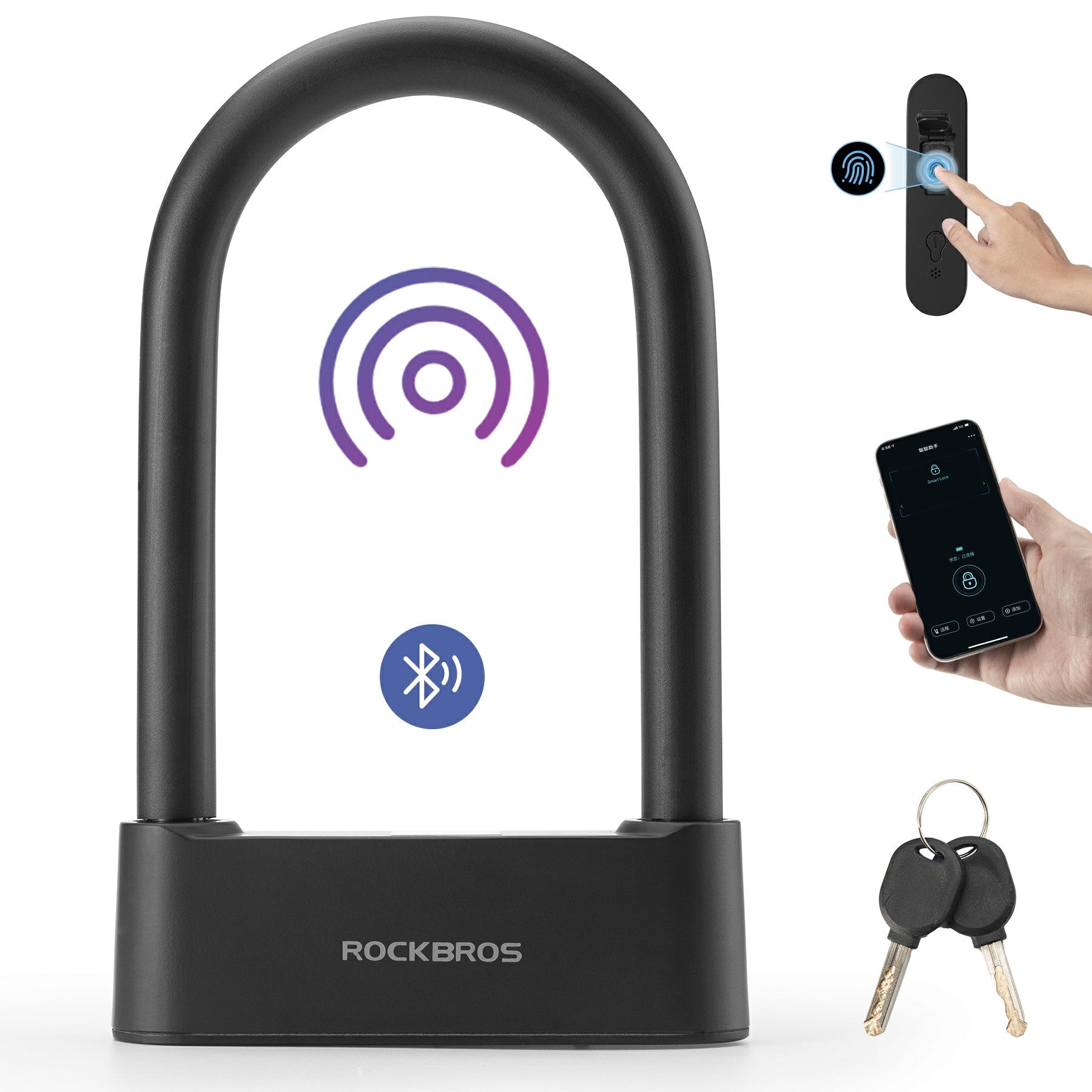 ROCKBROS Smart Bike U Lock with Fingerprint and App Control Waterproof - ROCKBROS