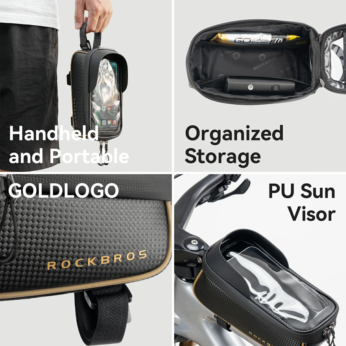 A 2x2 collage showing a Rockbros bicycle frame bag in use and detail shots. The top-left panel shows a hand holding the bag to demonstrate portability.