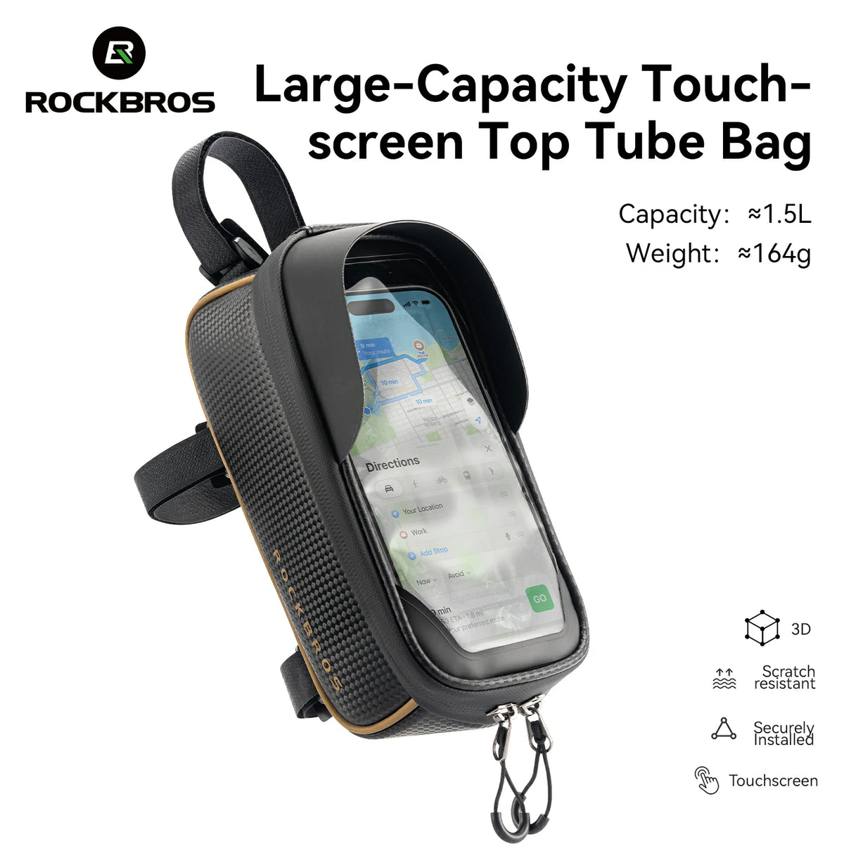 Black and gray ROCKBROS large-capacity touch-screen top tube bag for cycling, shown on a white background with product specifications and feature icons.