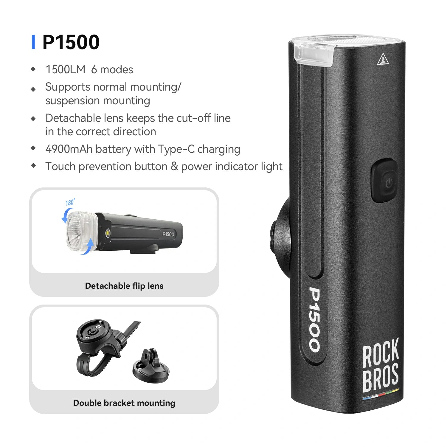Black flashlight with features listed on a white background #size_1500LM