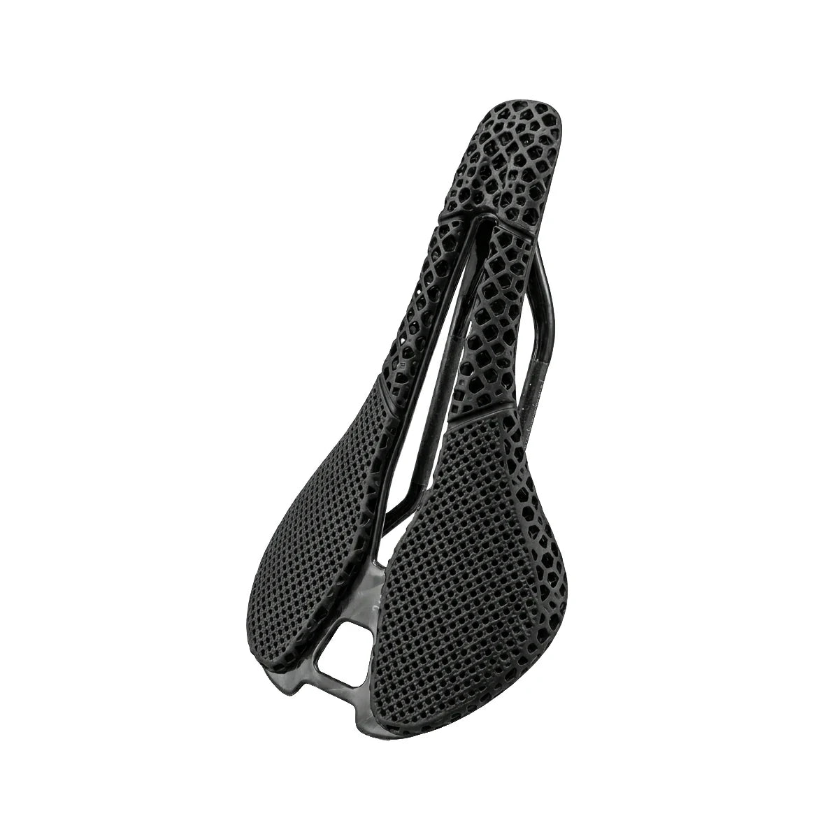 Black bicycle saddle with textured design on a white background