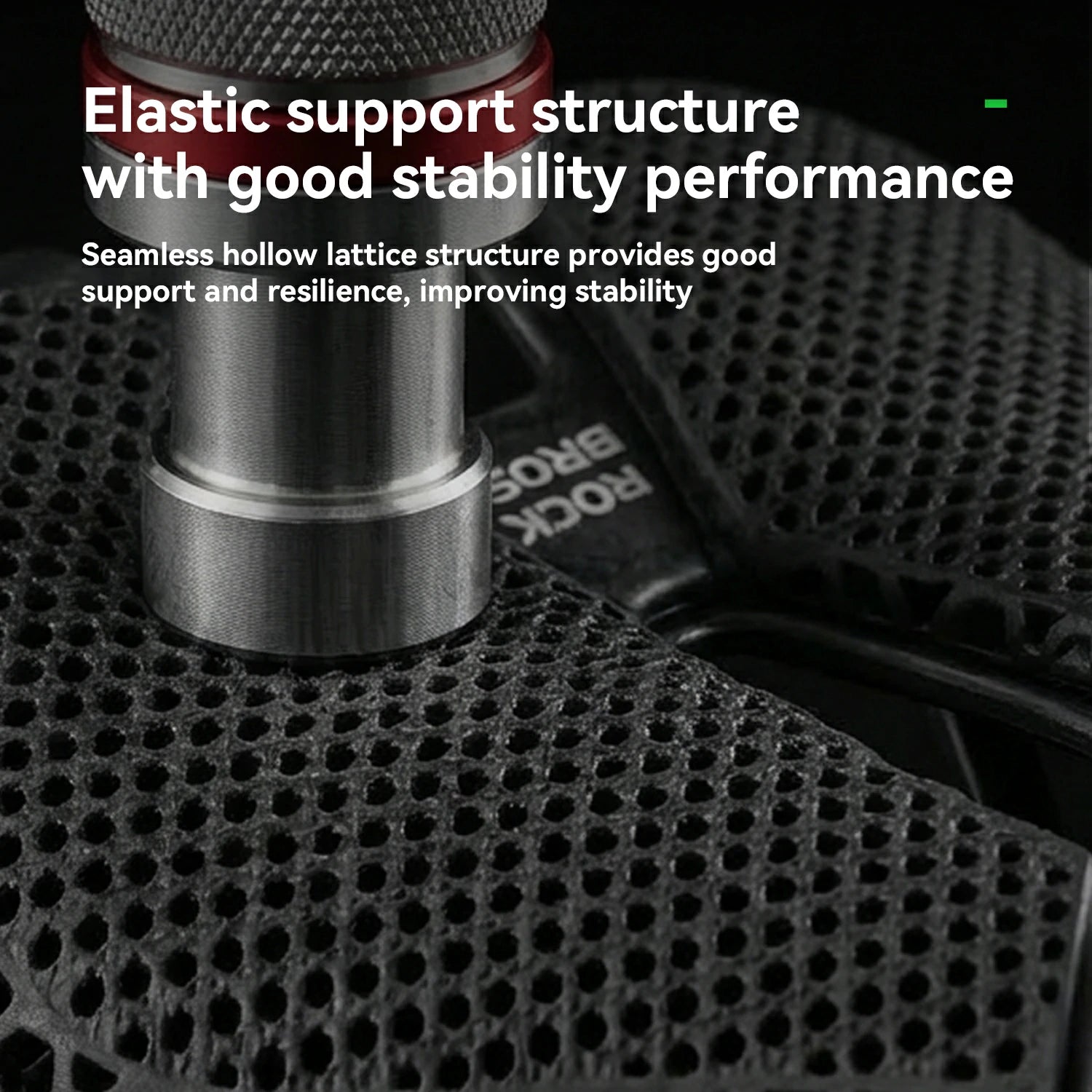Close-up of a microphone with text about elastic support structure and stability performance.