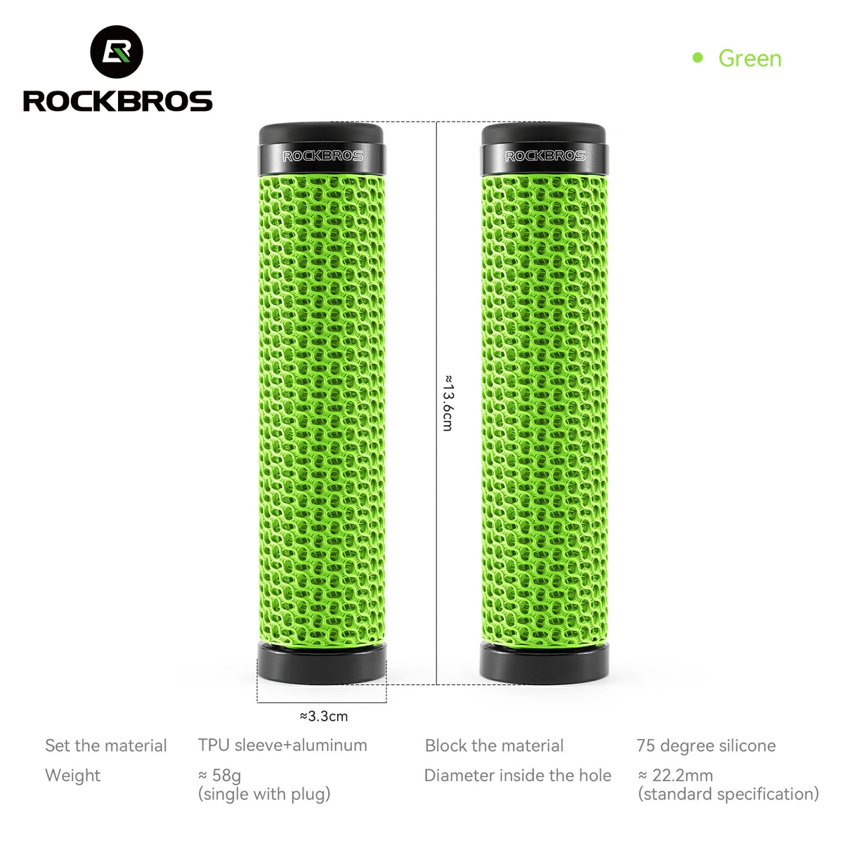 ROCKBROS green 3D printed bike grips, 22.2 mm handlebar fit #Color_Green