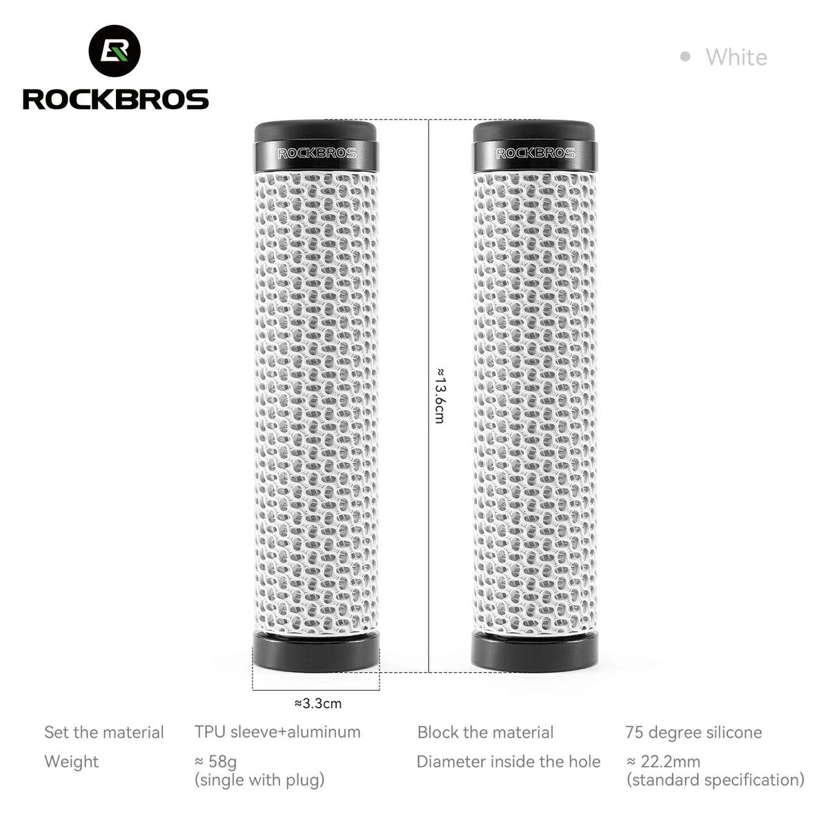 ROCKBROS white 3D printed bike grips, 22.2 mm handlebar fit #Color_White