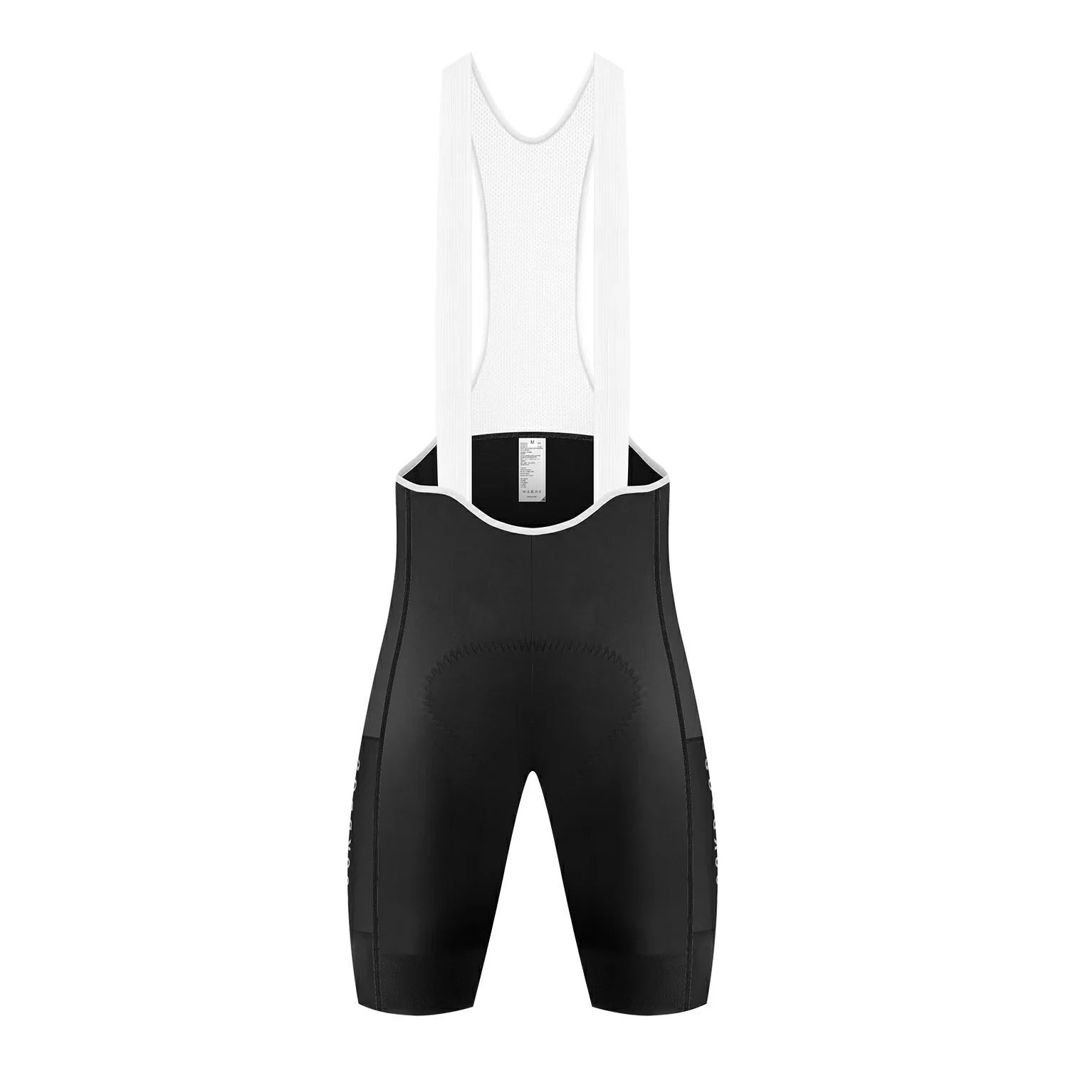 Black and white cycling bib shorts shown from the back on a solid white background.