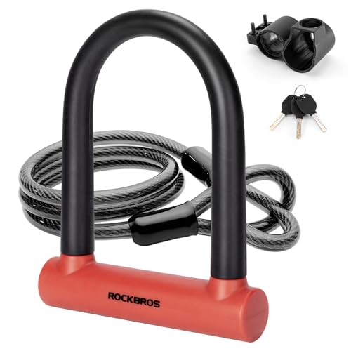 Red and black bike lock with coiled cable and keys on a white background #color_red Type_Lock+Cable