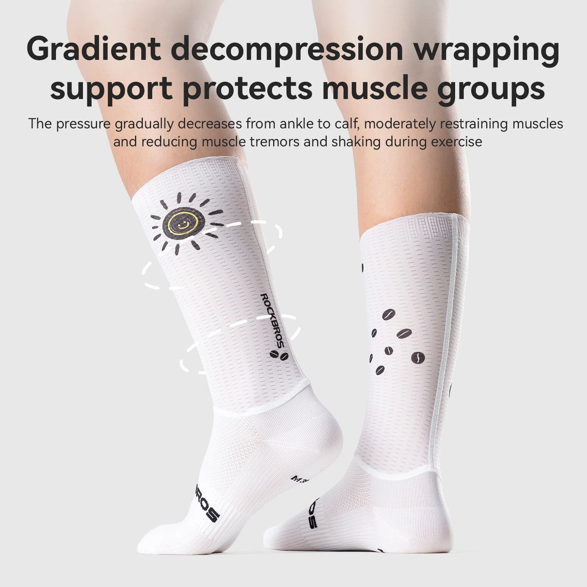 White mid-calf compression socks worn on a model's legs, featuring black printed graphics and text, with explanatory text and diagram overlays explaining gradient compression support.
