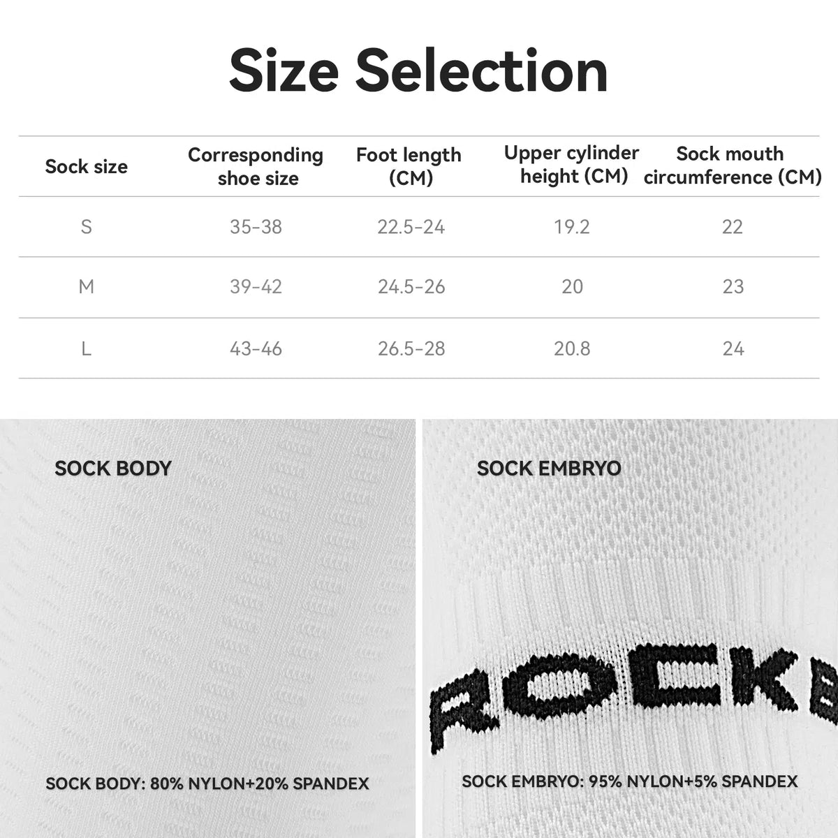 Size selection chart for socks showing a size table from S to L with shoe size, foot length in cm, upper cylinder height in cm, and sock mouth circumference in cm. Below the table are two close-up fabric views labeled SOCK BODY and SOCK EMBRYO with material percentages noted.