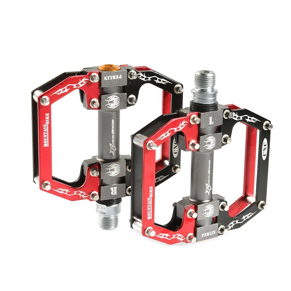 flat pedals red ROCKBROS Bicycle Pedals Flat Pedals, Aluminum Alloy Platform Anti-Slip Bearing Seal 9/16" Set of 2, Red