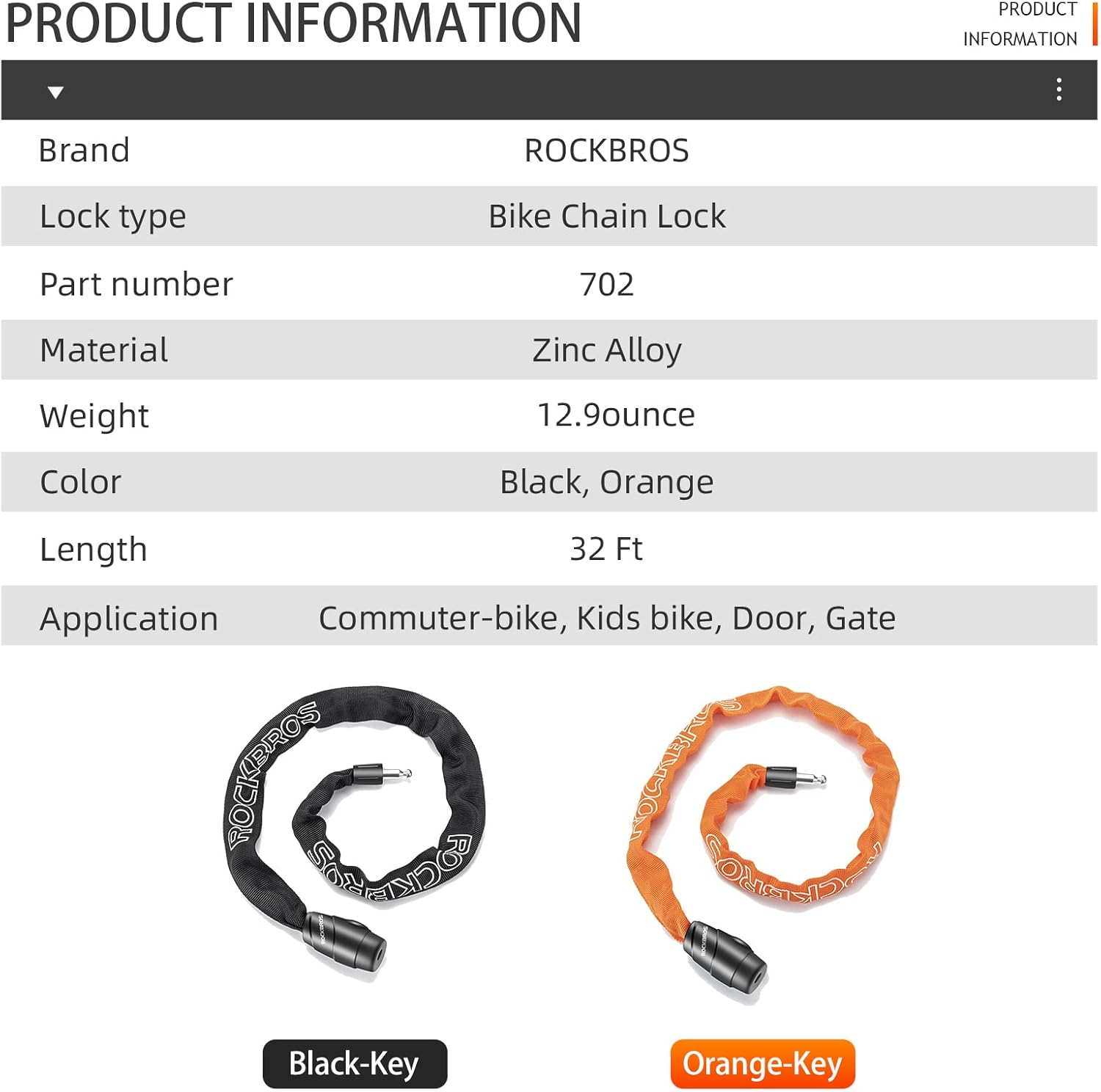 ROCKBROS Bike Lock Chain Bicycle Lock, Heavy Duty Anti Theft - ROCKBROS