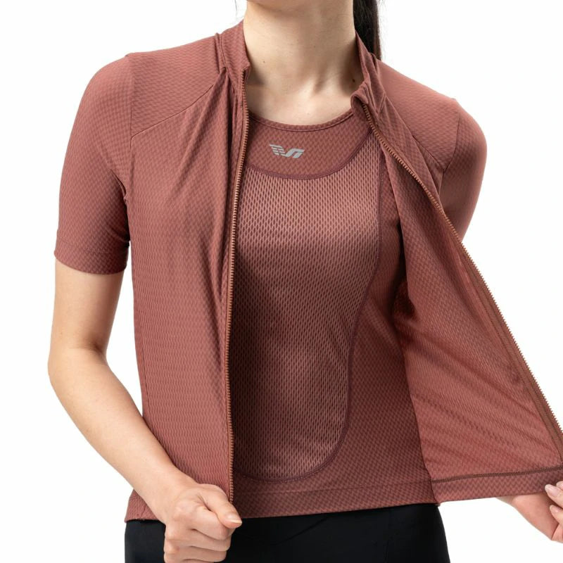 Brown athletic jacket with a brand logo worn by a person on a white background #Color_Red
