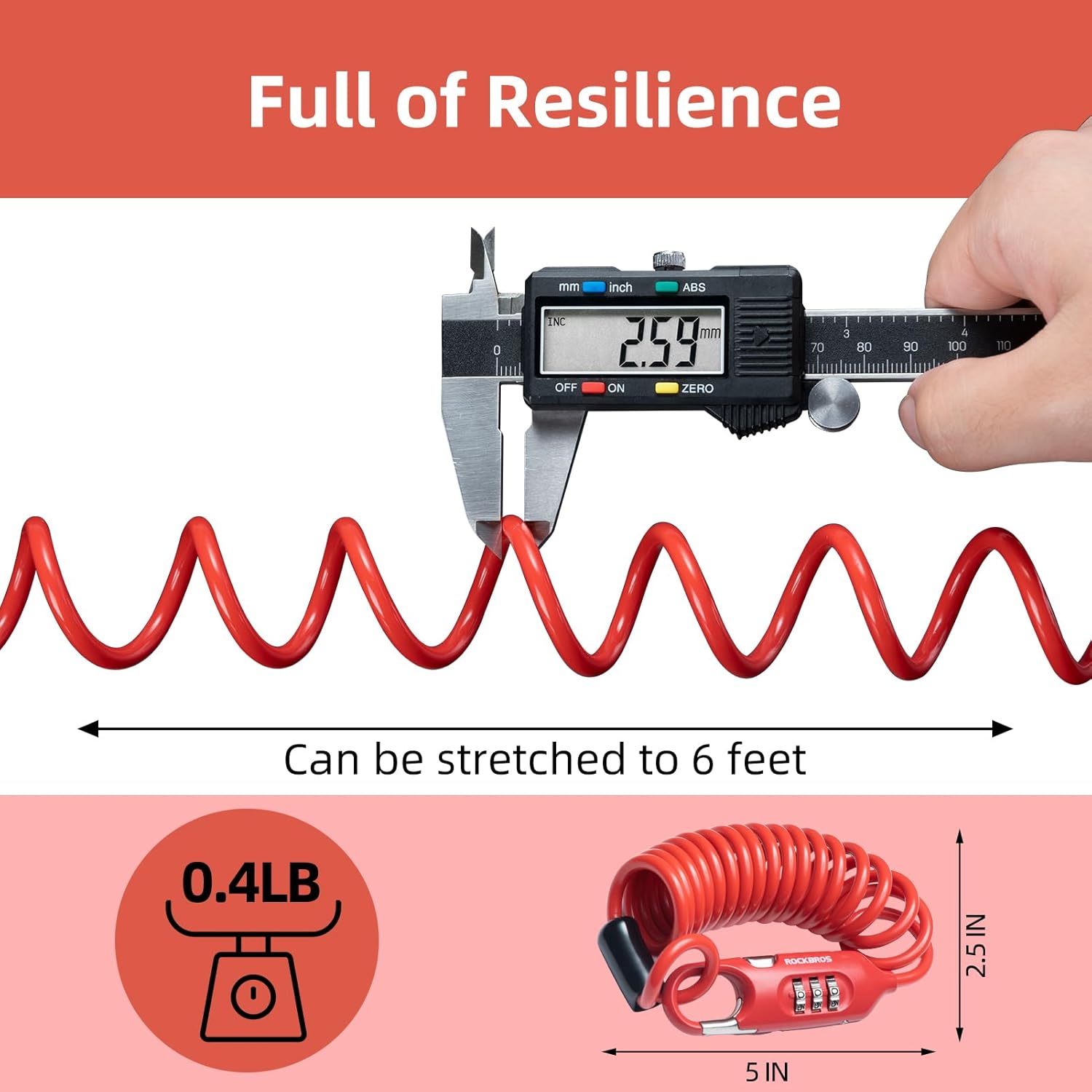 ROCKBROS Bike Lock Cable Combination Bicycle Lock - 6FT Long, Portable, Anti-Theft - ROCKBROS
