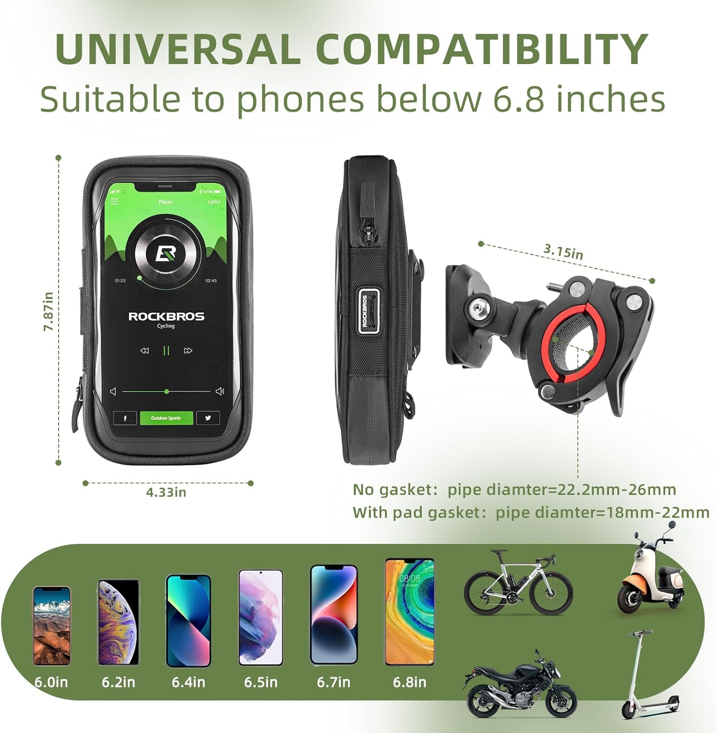 ROCKBROS  Motorcycle Phone Mount Waterproof Handlebar Bag Phones Below 6.8” - ROCKBROS