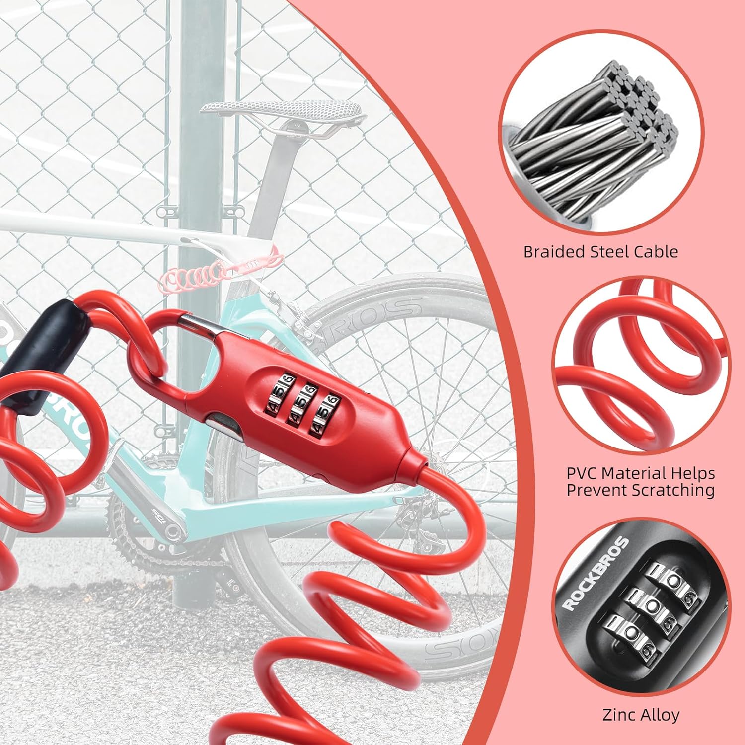 ROCKBROS Bike Lock Cable Combination Bicycle Lock - 6FT Long, Portable, Anti-Theft - ROCKBROS