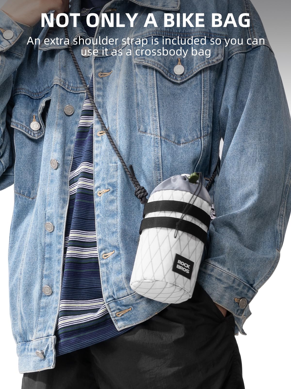 Person wearing a denim jacket with a white bike bag on a strap, text indicating additional shoulder strap feature.