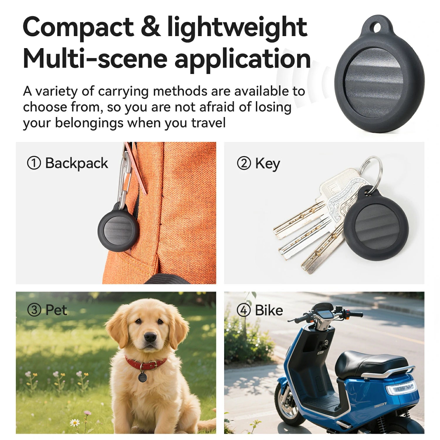 Product advertisement showing a compact and lightweight device used with backpack, keys, pet collar, and bike.