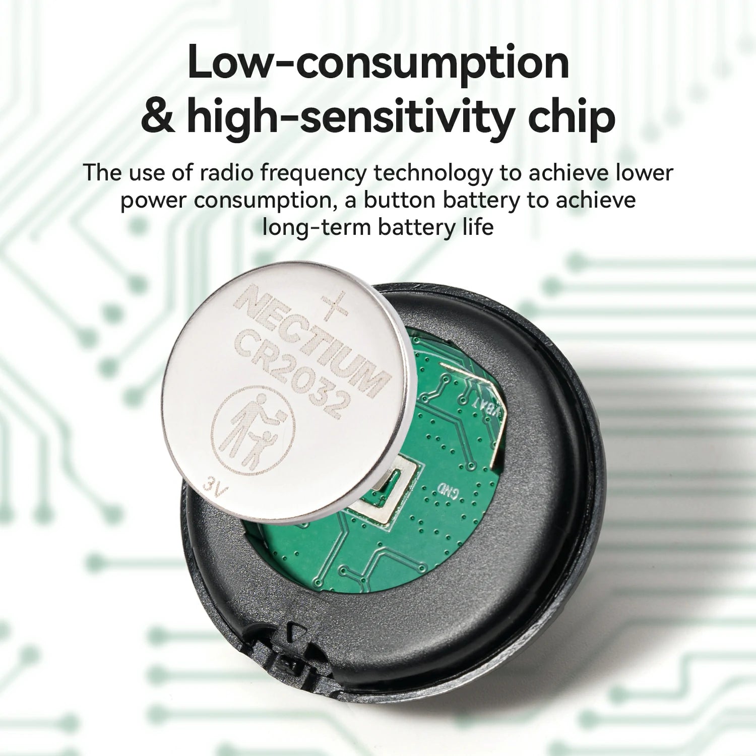 Low-consumption high-sensitivity chip with circuitry and battery on a blurred electronic background
