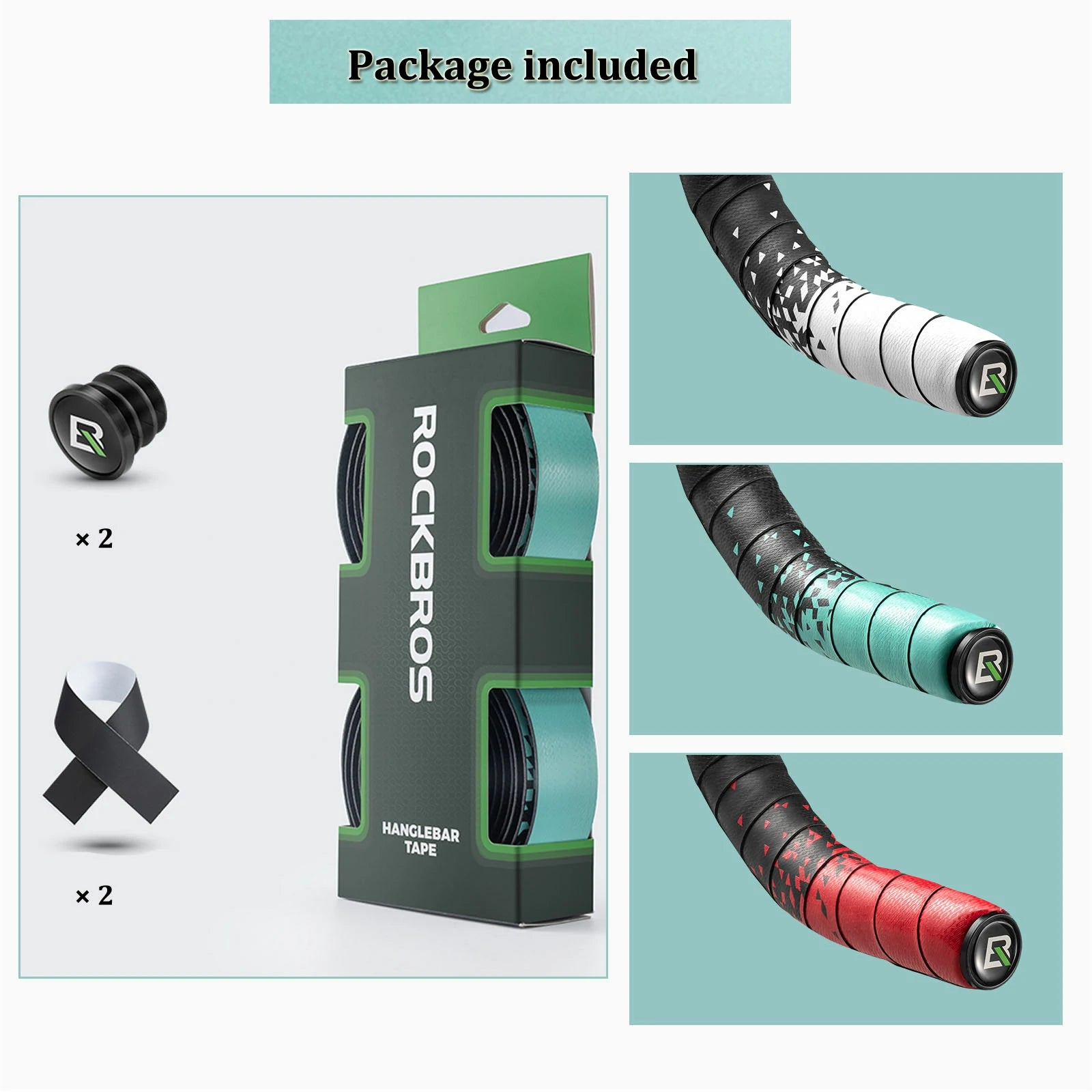 RockBros handlebar tape packaging with additional tapes on a teal background