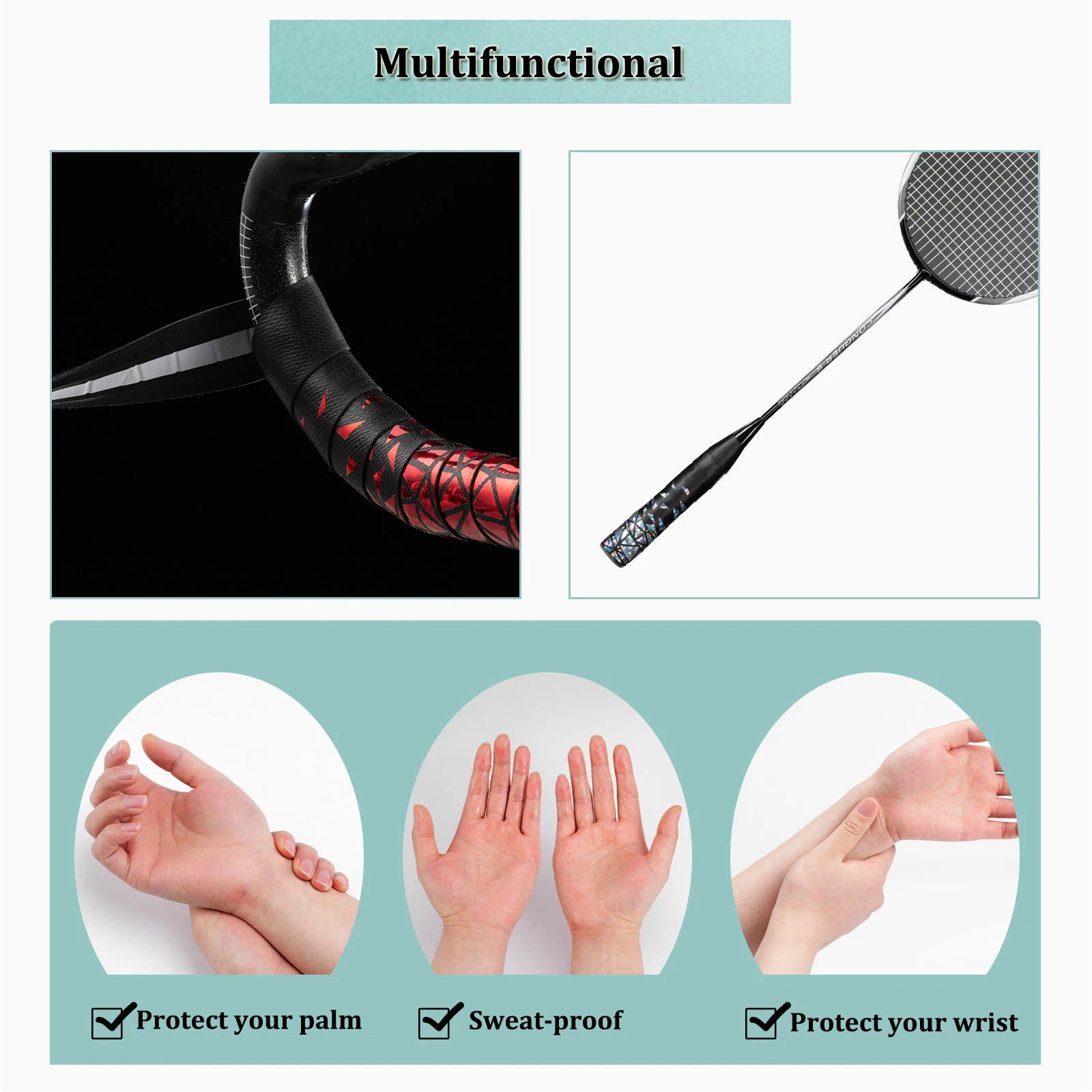 Multifunctional product with applications on a racket, shown with images of hands and feet.