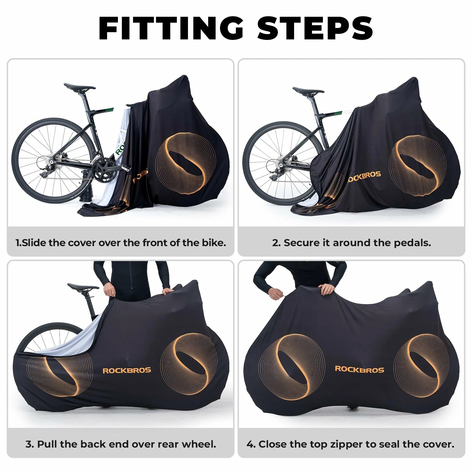 Step-by-step guide on how to fit a bicycle cover with illustrations and text.