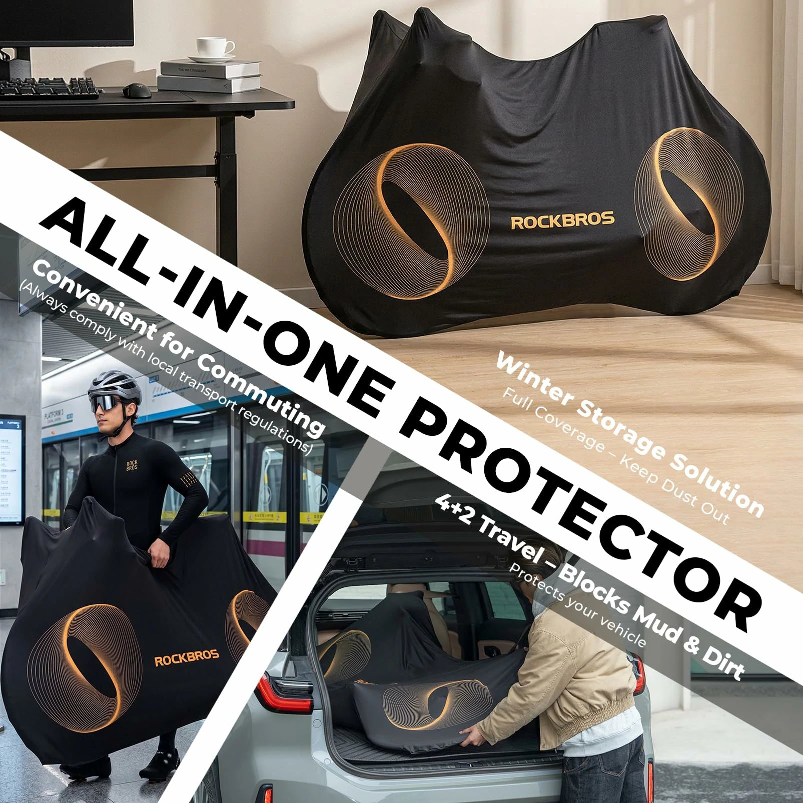 All-in-one protector with text describing its features, shown in various settings.