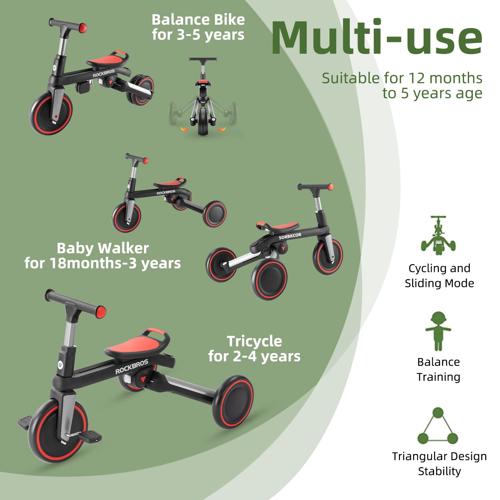 Kids 3 in 1 Tricycle Adjustable Seat Removable Pedals Toddler Ride On Bike