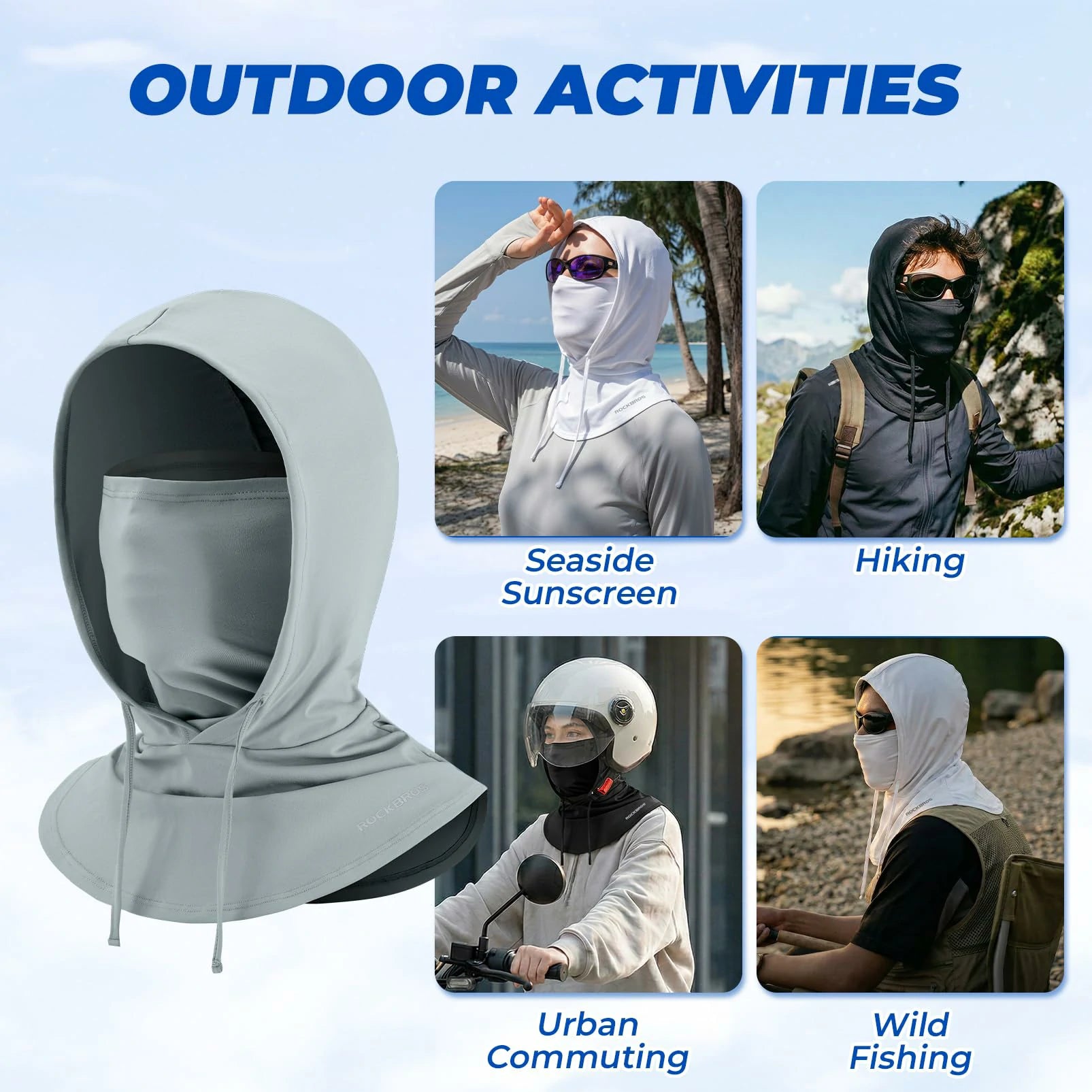 Product display with text 'Outdoor Activities' and images of people wearing a hooded product in various settings.
