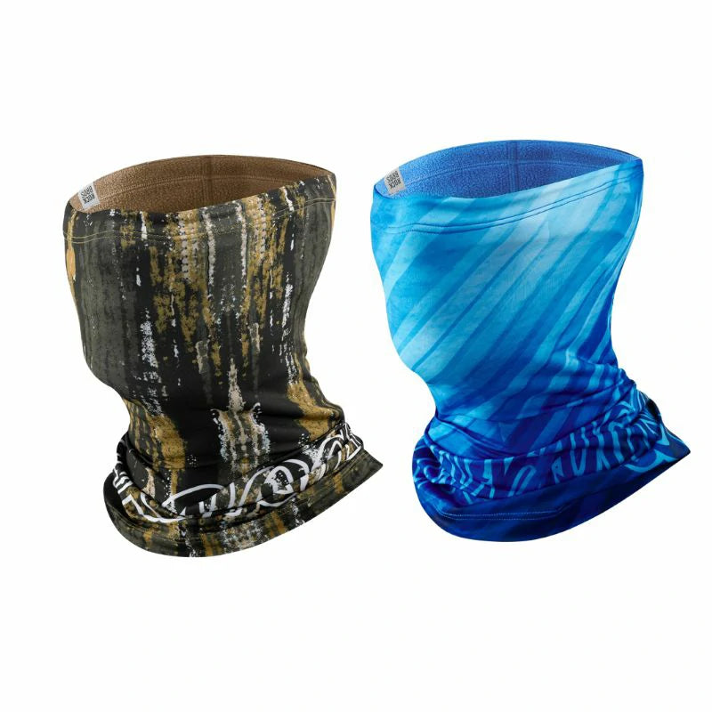 Two neck gaiters, one with a camouflage pattern and the other with a blue design, on a white background. #Color_Brown Color2_Blue2