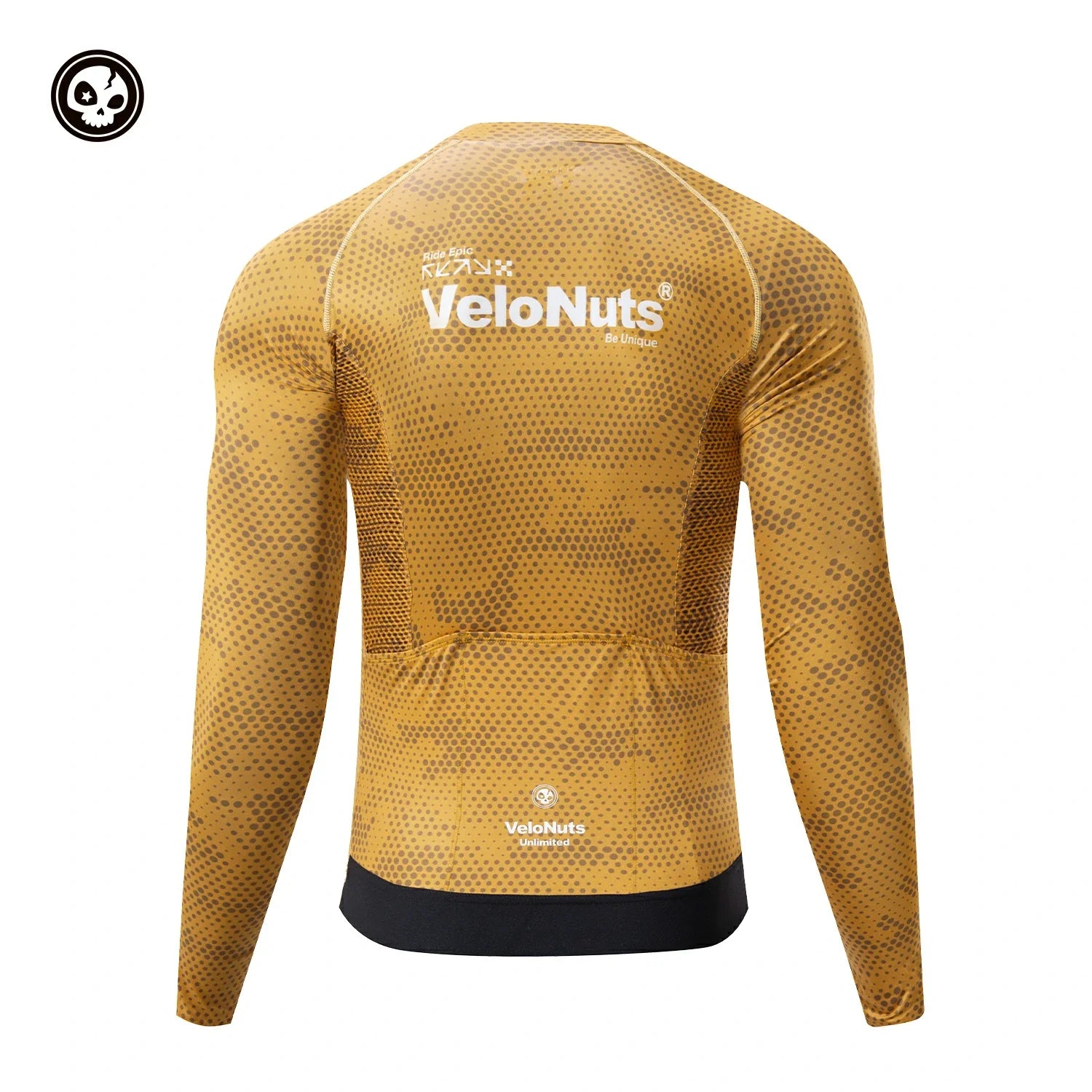 Yellow long-sleeve compression shirt with 'VeloNuts' branding on a white background #color_yellow