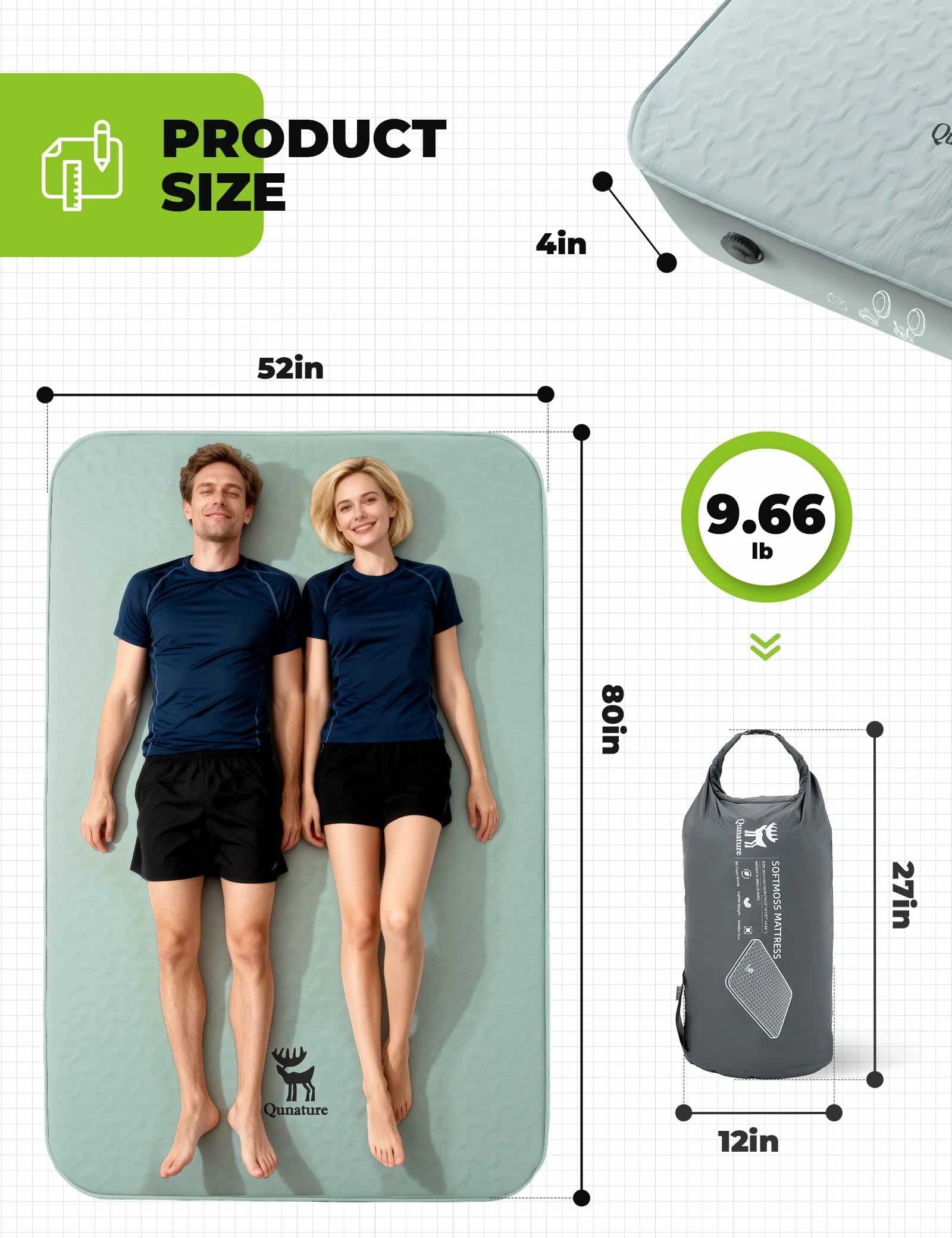 Inflatable mat with dimensions and weight displayed, showing two people lying on it. #Size_full