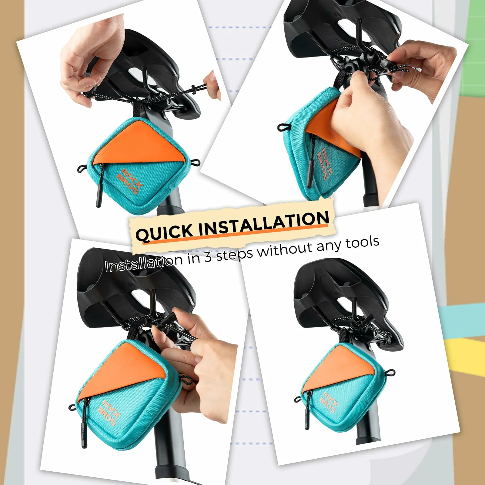 Step-by-step installation process of a teal and orange bike seat bag on a white background.