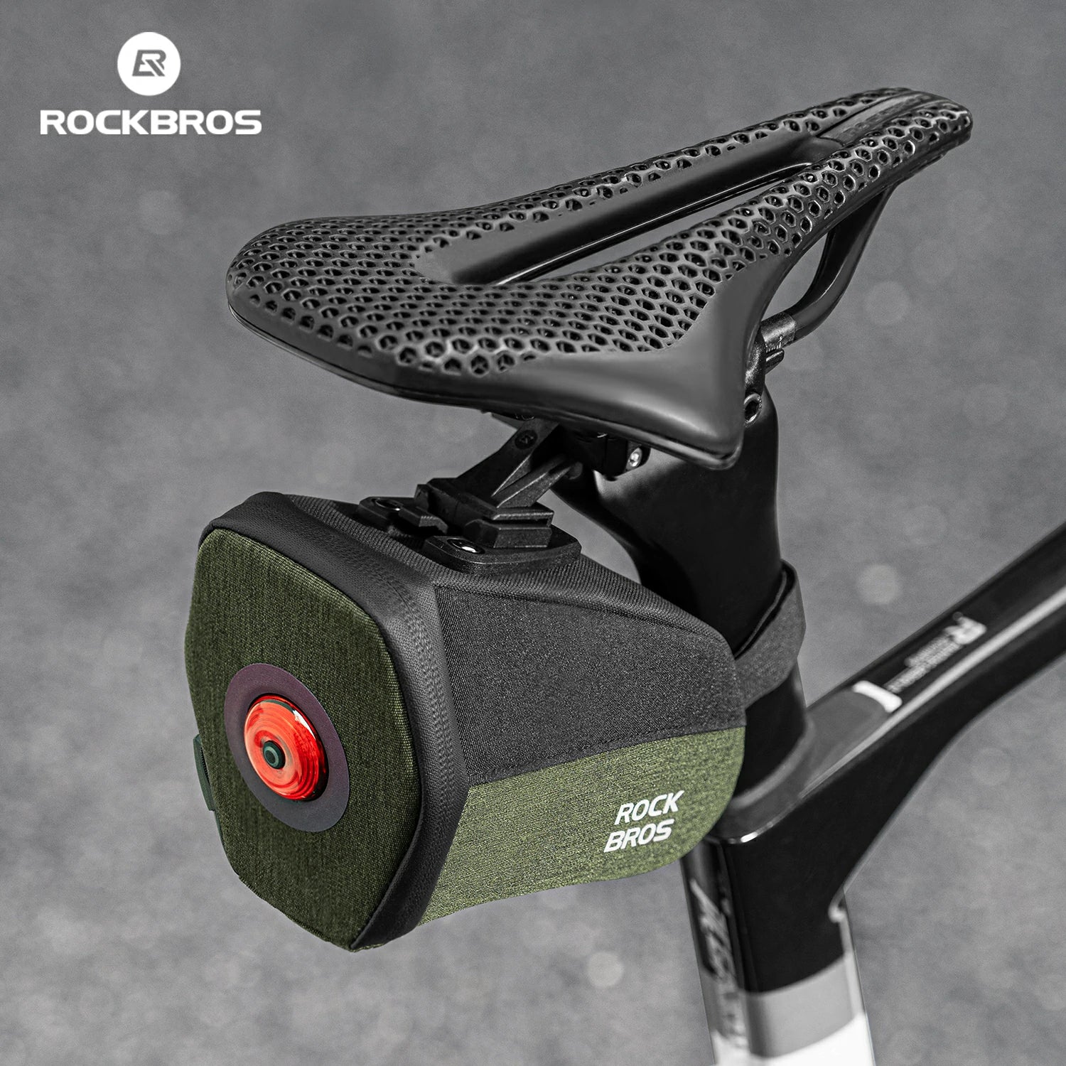 Bicycle saddle with green seat bag on a gray background, featuring the RockBros brand. #color_Mount Version