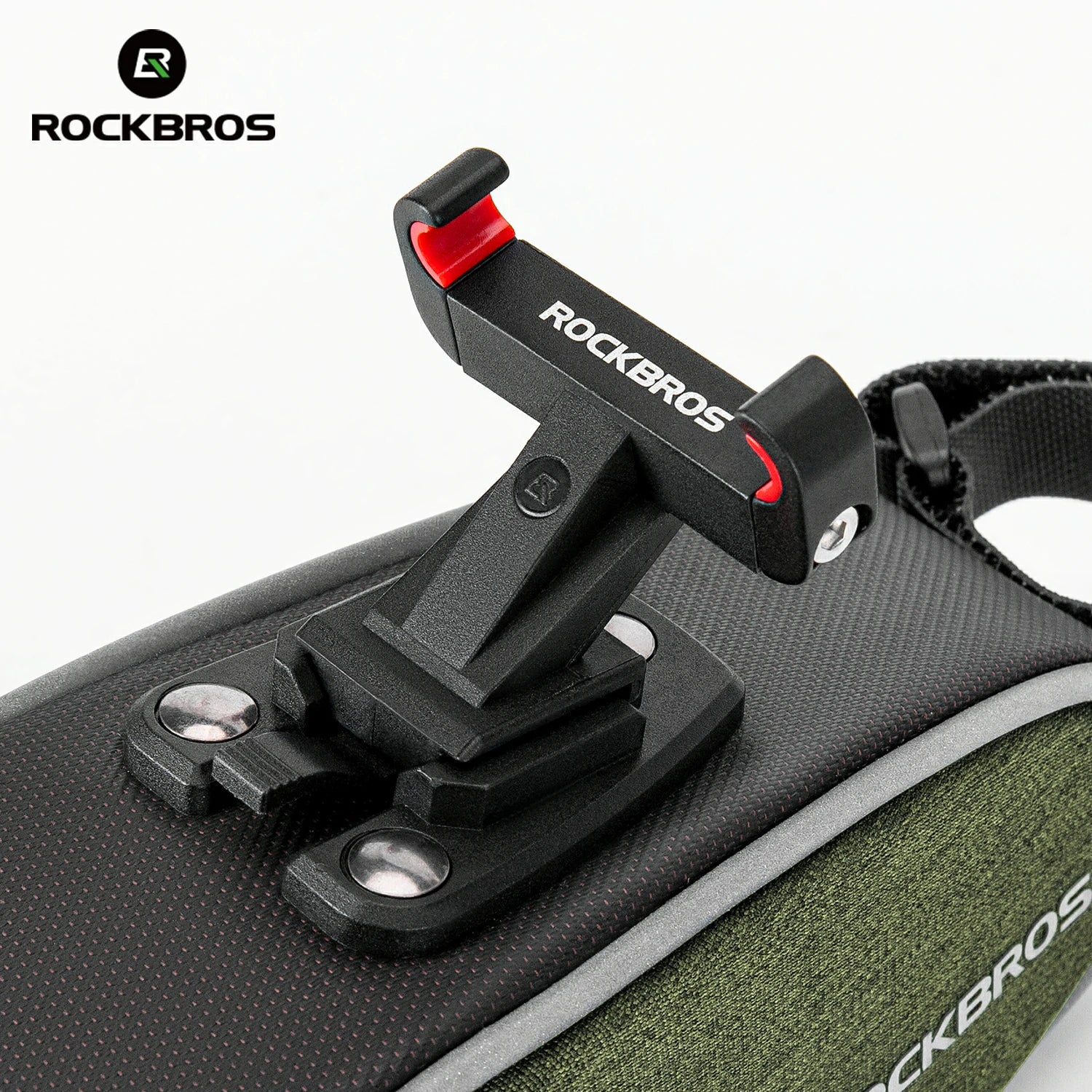 Close-up of a black and red device mount with 'RockBros' branding on a product surface. #color_Mount Version