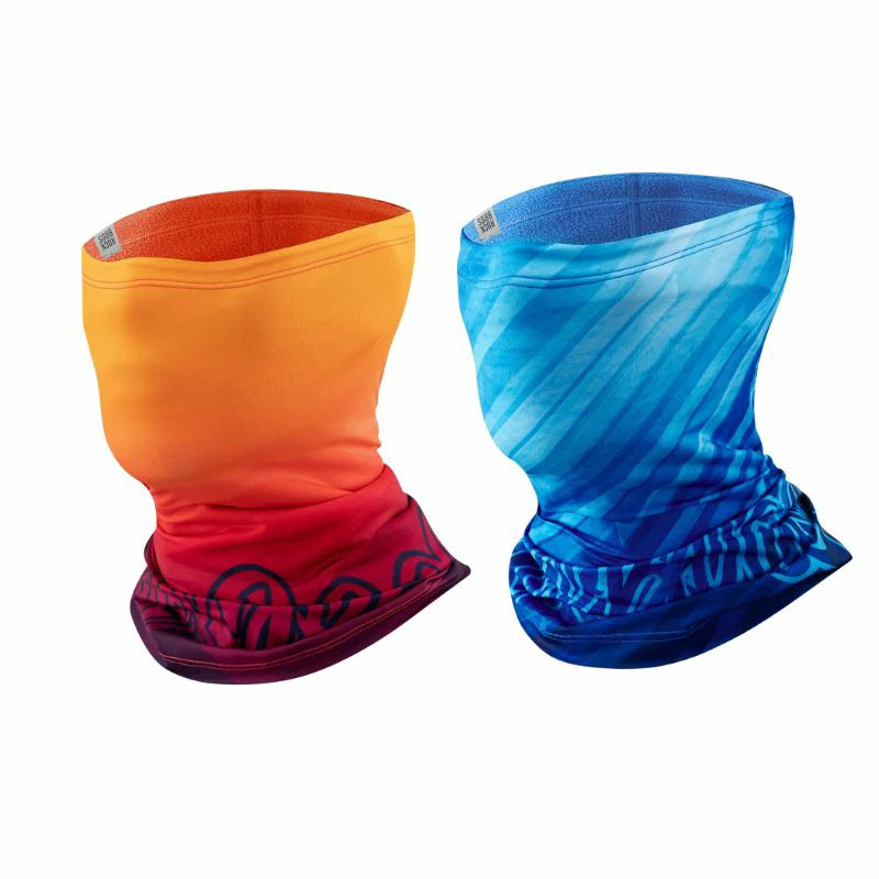 Two neck gaiters, one orange and red, the other blue, on a white background. #Color_Orange Color2_Blue2