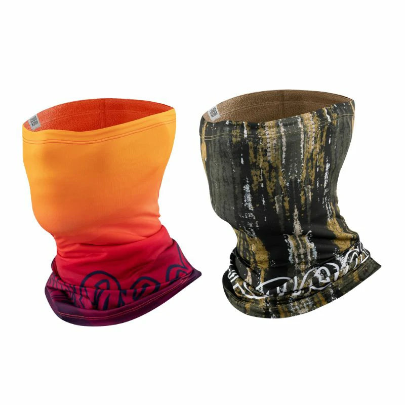 Two neck gaiters, one orange and red, the other black and gold, on a white background. #Color_Orange Color2_Brown2
