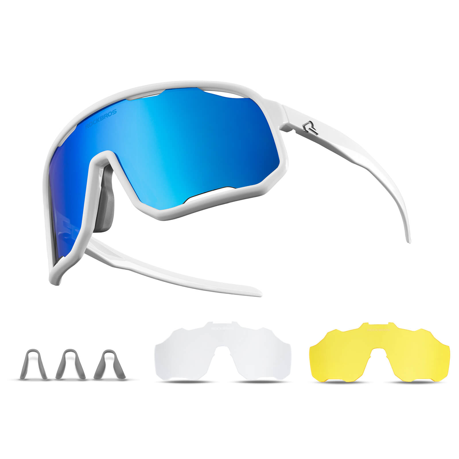 ROCKBROS polarized sunglasses, UV400 protection, transparent cycling glasses, windproof, TR90 frame, perfect for cycling and outdoor sports. #color_bright-white-polarized-lce-blue