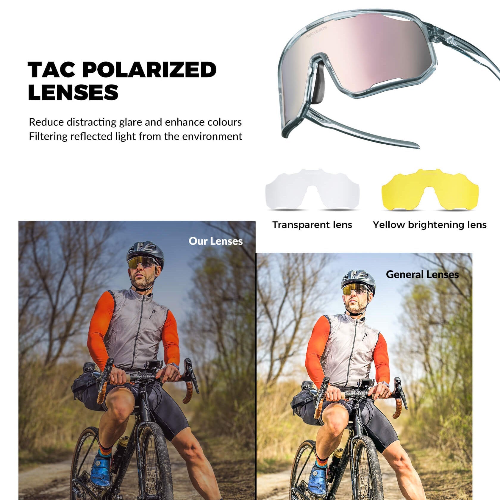 ROCKBROS polarized sunglasses, UV400 protection, transparent cycling glasses, windproof, TR90 frame, perfect for cycling and outdoor sports. #color_transparent-gray-polarized-light-pink