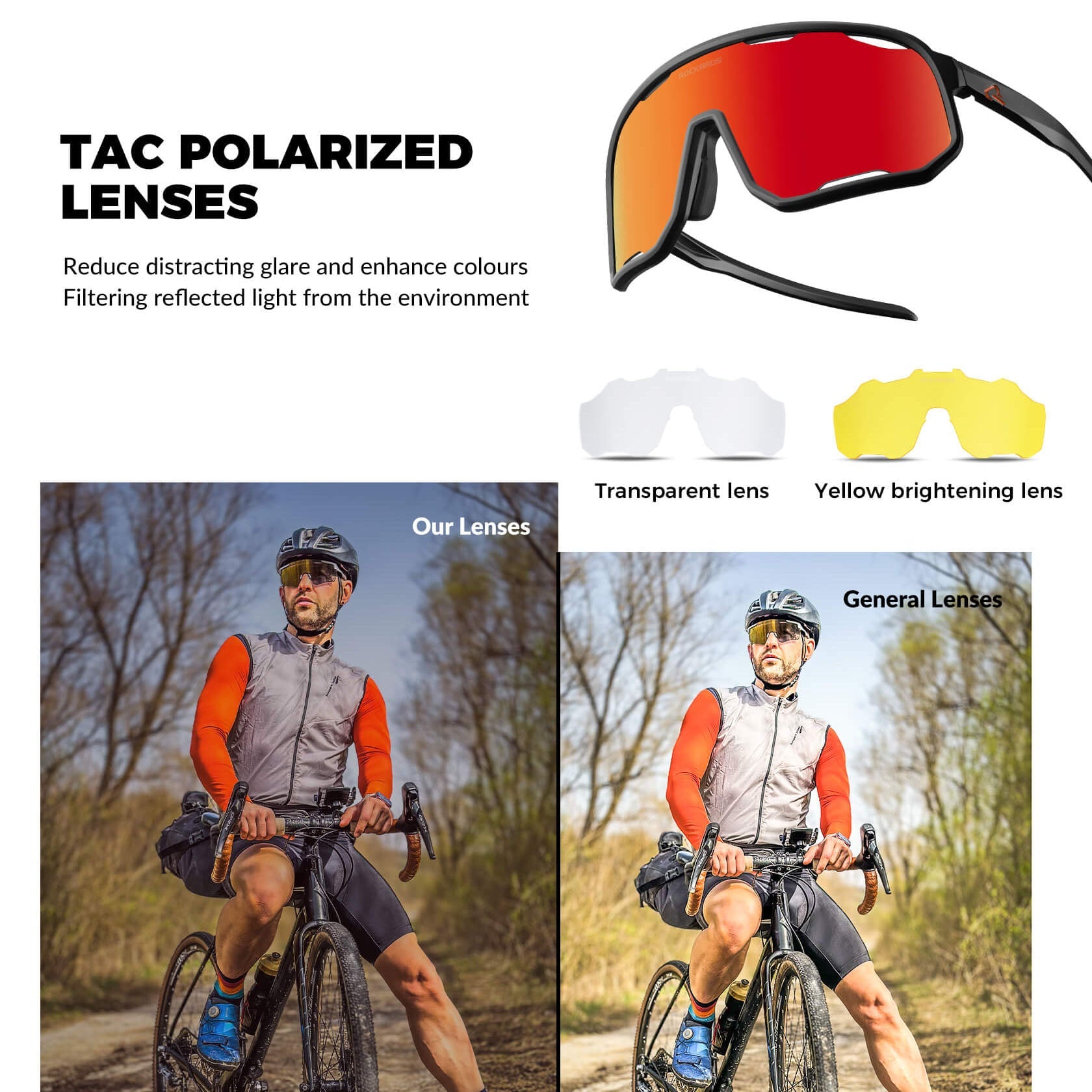 ROCKBROS polarized sunglasses, UV400 protection, transparent cycling glasses, windproof, TR90 frame, perfect for cycling and outdoor sports. #color_black-sand-polarized-purple-red
