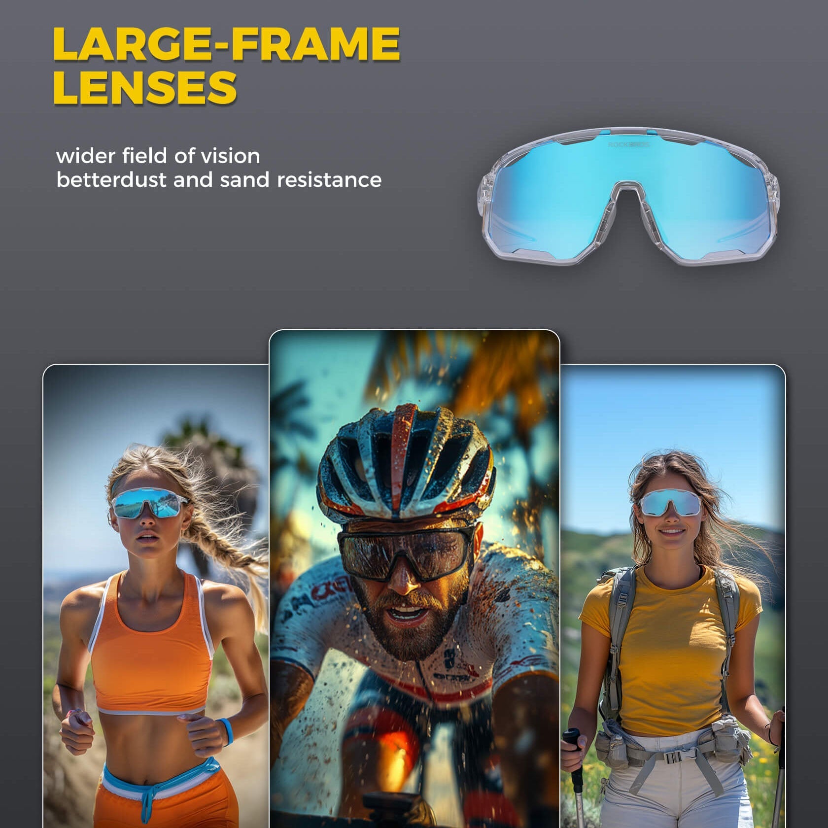 ROCKBROS polarized sunglasses, UV400 protection, transparent cycling glasses, windproof, TR90 frame, perfect for cycling and outdoor sports.