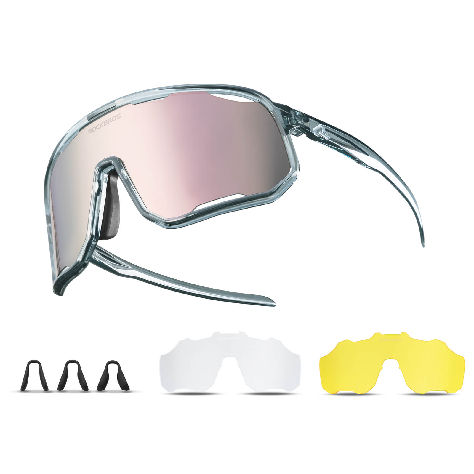 ROCKBROS polarized sunglasses, UV400 protection, transparent cycling glasses, windproof, TR90 frame, perfect for cycling and outdoor sports. #color_transparent-gray-polarized-light-pink