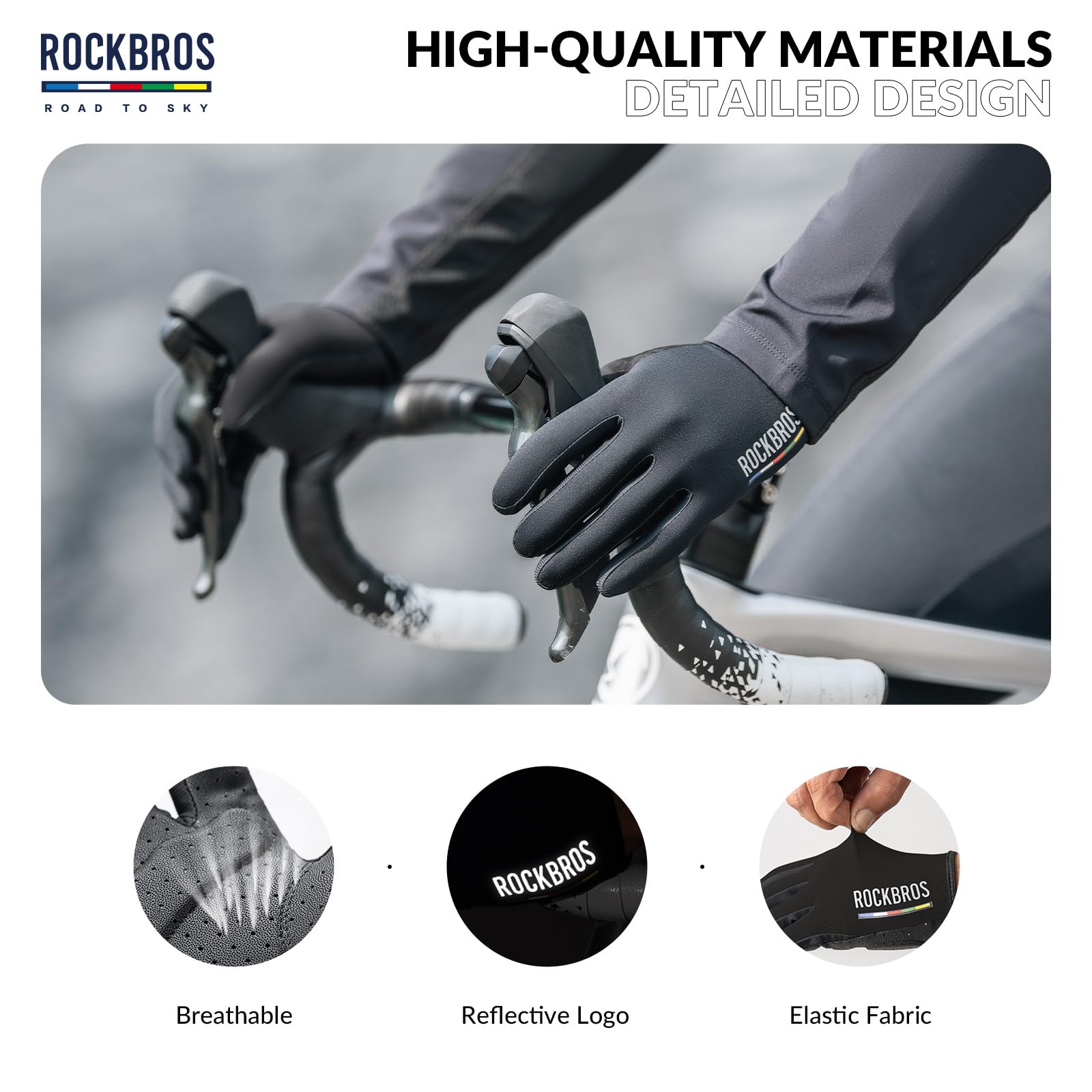 ROCKBROS Road-to-Sky Spring Summer Cycling Gloves Full Finger Touch Screen #Color_Black
