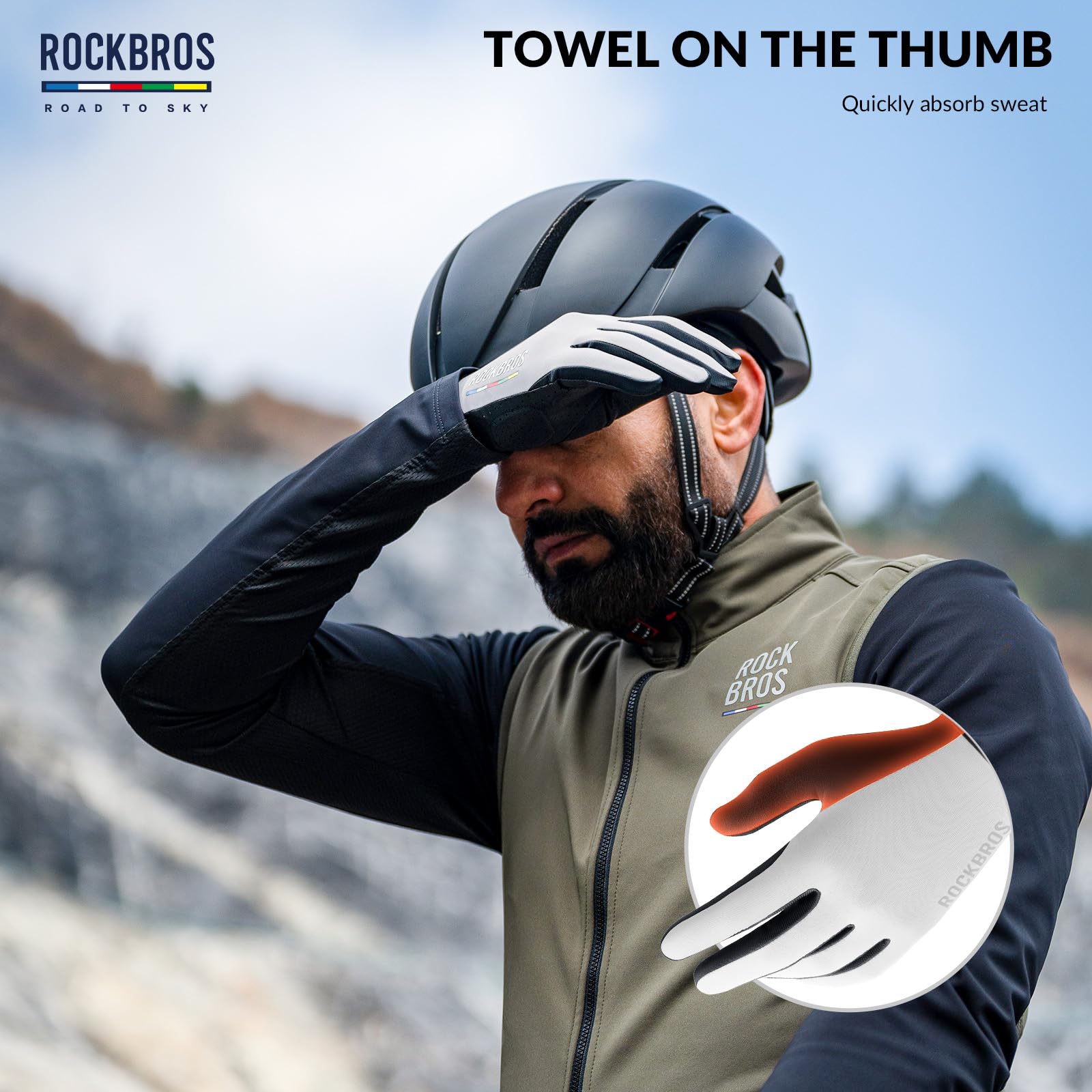 ROCKBROS Road-to-Sky Spring Summer Cycling Gloves Full Finger Touch Screen #Color_White