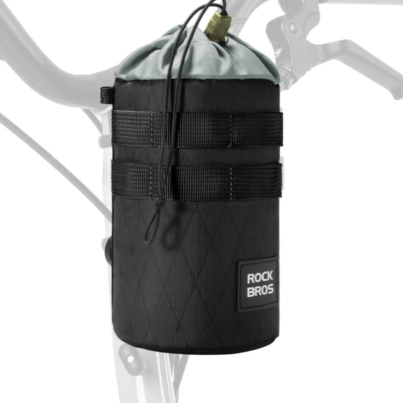 Black tactical pouch with 'Rock Bros' branding attached to a bike frame.