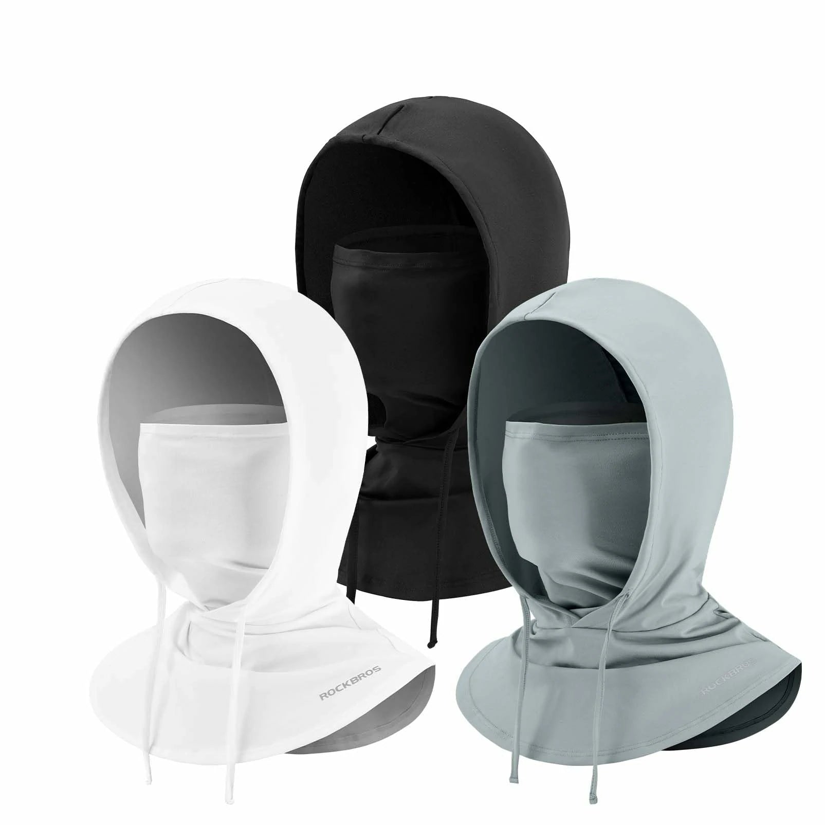 Three masks,black, white, and gray on mannequins against a white background. #Color_Gray+Black+White