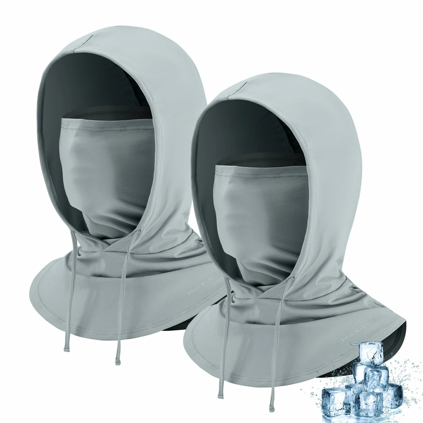 Two gray hooded face coverings with ice cubes on a white background #Color_Gray*2