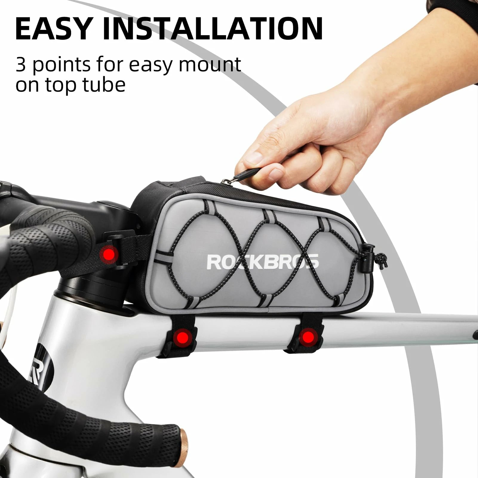 Bicycle frame bag with 'Rockbros' branding being installed on a bike. #color_silver