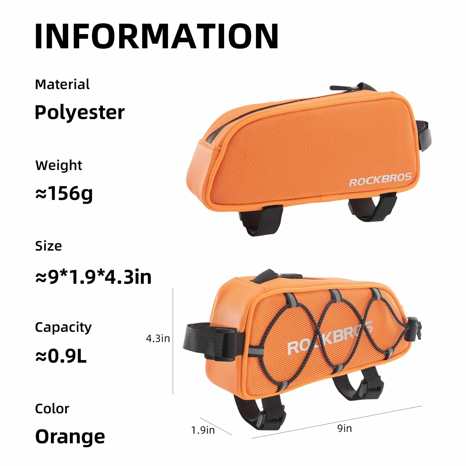 Orange bike frame bag with specifications on a white background #color_orange