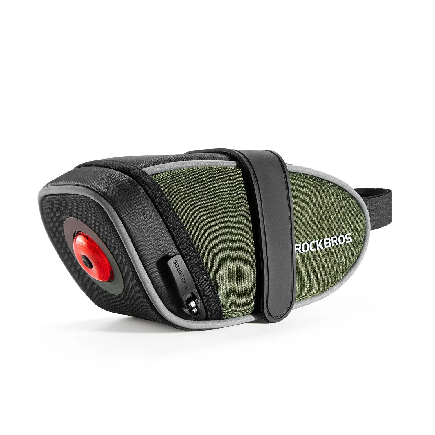 Green and black saddle bag with 'RockBros' branding on a white background. #color_Strap Version